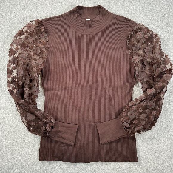 Cato Brown Ribbed Mock Neck Embellished Flower Blouse Women's XL Puff Sleeve - Picture 1 of 9